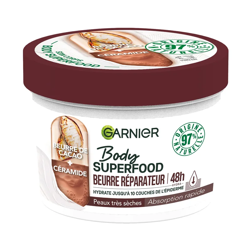 کرم بدن آبرسان و مرطوب کننده کره کاکائو گارنیر Garnier مدل Superfood مناسب برای پوست بسیار خشک حجم 380 میل